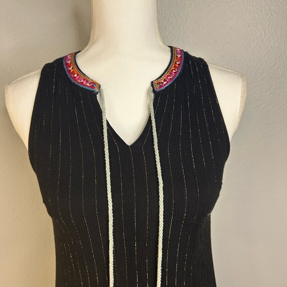 THML Black Sleeveless Shift Dress w Metallic Stripes Embroidered Collar Size S - Picture 3 of 7